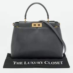 Pre Owned Fendi Dark Grey Leather Medium Peekaboo Top Handle Bag