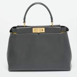 Pre Owned Fendi Dark Grey Leather Medium Peekaboo Top Handle Bag