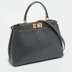 Pre Owned Fendi Dark Grey Leather Medium Peekaboo Top Handle Bag