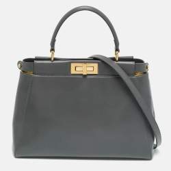 Pre Owned Fendi Dark Grey Leather Medium Peekaboo Top Handle Bag