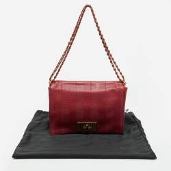 Pre Owned Fendi Red Pequin Embossed Leather Large Claudia Shoulder Bag