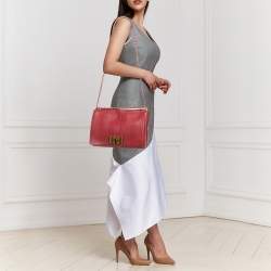 Pre Owned Fendi Red Pequin Embossed Leather Large Claudia Shoulder Bag