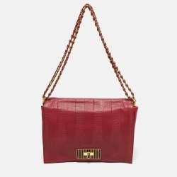 Pre Owned Fendi Red Pequin Embossed Leather Large Claudia Shoulder Bag