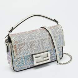 Pre Owned Fendi Silver Suede FF Iridescent Crystals Mini Baguette Bag