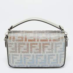 Pre Owned Fendi Silver Suede FF Iridescent Crystals Mini Baguette Bag