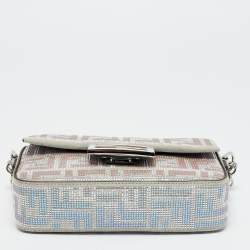 Pre Owned Fendi Silver Suede FF Iridescent Crystals Mini Baguette Bag