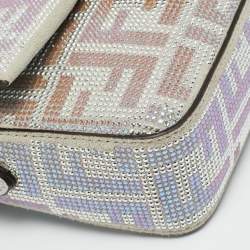 Pre Owned Fendi Silver Suede FF Iridescent Crystals Mini Baguette Bag