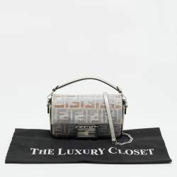 Pre Owned Fendi Silver Suede FF Iridescent Crystals Mini Baguette Bag