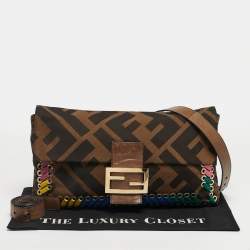 Pre Owned Fendi Brown Giant Zucca Canvas Large Whipstitch Convertible Baguette Bag