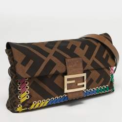 Pre Owned Fendi Brown Giant Zucca Canvas Large Whipstitch Convertible Baguette Bag