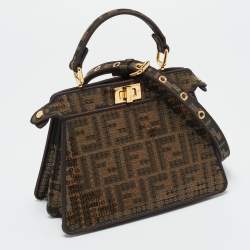 Pre Owned Fendi Tobacco Zucca Canvas and Sequins Petite Peekaboo ISeeU Top Handle Bag