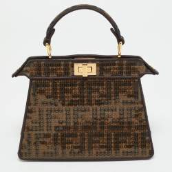 Pre Owned Fendi Tobacco Zucca Canvas and Sequins Petite Peekaboo ISeeU Top Handle Bag