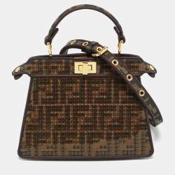 Pre Owned Fendi Tobacco Zucca Canvas and Sequins Petite Peekaboo ISeeU Top Handle Bag