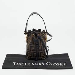 Pre Owned Fendi Brown/Black Zucca Leather Mini Mon Tresor Drawstring Bucket Bag