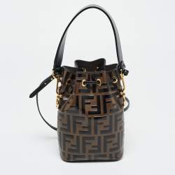 Pre Owned Fendi Brown/Black Zucca Leather Mini Mon Tresor Drawstring Bucket Bag