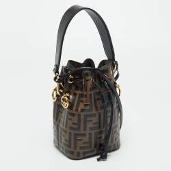 Pre Owned Fendi Brown/Black Zucca Leather Mini Mon Tresor Drawstring Bucket Bag