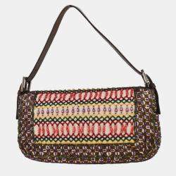 مملوكة مسبقًا Fendi White Brown Canvas Beads Baguette Handbag