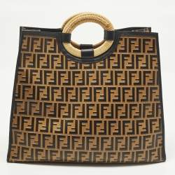 مملوكة مسبقًا Fendi Runaway Large Black/Brown Zucca Leather and Raffia Shopper Tote