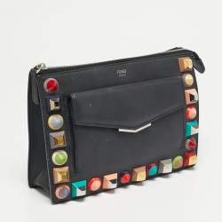 Pre Owned Fendi Rainbow Studded Black Leather Crossbody Bag
