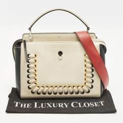 مملوكة مسبقًا حقيبة فندي دوتكوم كبيرة بيضاء/سوداء جلد بخياطة يد