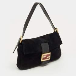 Pre Owned Fendi Flap Baguette Black Suede Bag