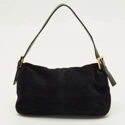 Pre Owned Fendi Flap Baguette Black Suede Bag
