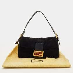 Pre Owned Fendi Flap Baguette Black Suede Bag
