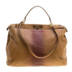 Pre Owned Fendi Tan/Brown Ombre Leather with Calfhair Lining Large Peekaboo Top Handle Bag