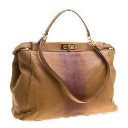 Pre Owned Fendi Tan/Brown Ombre Leather with Calfhair Lining Large Peekaboo Top Handle Bag