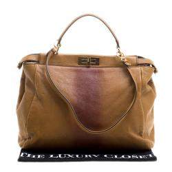 Pre Owned Fendi Tan/Brown Ombre Leather with Calfhair Lining Large Peekaboo Top Handle Bag