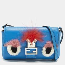 مملوكة مسبقًا Fendi Monster Micro Blue Fur and Leather Baguette Bag