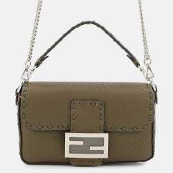 Pre Owned Fendi Baguette Selleria 2-Way Chain Shoulder Bag Khaki Leather Size Mini