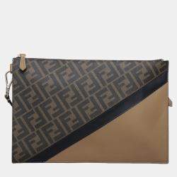 Pre Owned Fendi Brown Coated Canvas Diagonal FF Clutch Bag