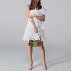 Pre Owned حقيبة باجيت فنْدي خرز توباكو/أخضر كانفاس زوكا وغطاء سحلية