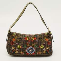 Pre Owned حقيبة باجيت فنْدي خرز توباكو/أخضر كانفاس زوكا وغطاء سحلية