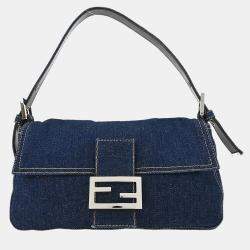 Pre Owned Fendi Indigo Denim Baguette Handbag