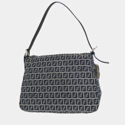 Pre Owned Fendi Mamma Baguette Navy Gray Zucchino Canvas Shoulder Bag