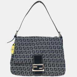 Pre Owned Fendi Mamma Baguette Navy Gray Zucchino Canvas Shoulder Bag