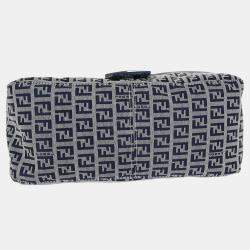 Pre Owned Fendi Mamma Baguette Navy Gray Zucchino Canvas Shoulder Bag