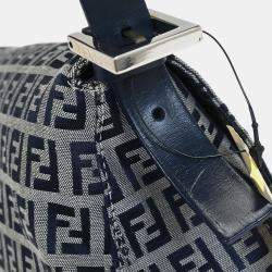 Pre Owned Fendi Mamma Baguette Navy Gray Zucchino Canvas Shoulder Bag