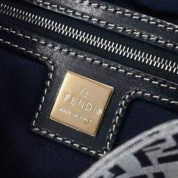 Pre Owned Fendi Mamma Baguette Navy Gray Zucchino Canvas Shoulder Bag
