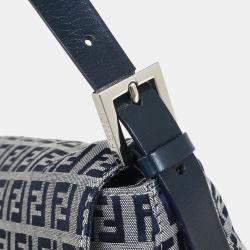 Pre Owned Fendi Mamma Baguette Navy Gray Zucchino Canvas Shoulder Bag
