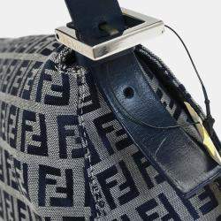 Pre Owned Fendi Mamma Baguette Navy Gray Zucchino Canvas Shoulder Bag
