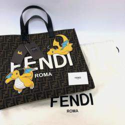 Pre Owned Fendi Zucca Pokemon Dragonite 2-Way Shoulder Bag/Tote Bag In Canvas/Leather Brown