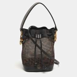Pre Owned Fendi Mon Tresor Mini Dark Brown FF Mesh Nylon and Leather Bucket Bag