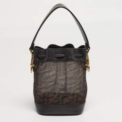مملوكة مسبقًا Fendi Mon Tresor Mini Dark Brown FF Mesh Nylon and Leather Bucket Bag