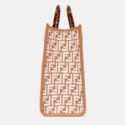 Pre Owned Fendi Brown/ White Leather/Canvas FF Zucca Sunshine Shopping Tote With Strap