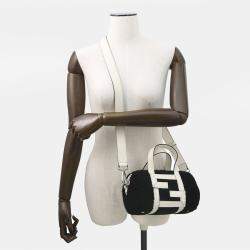 Pre Owned Fendi Zucca 2-Way Mini Bag Black/White Fur Leather