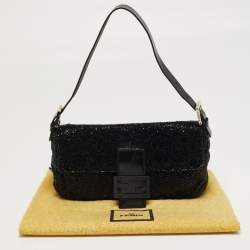 Pre Owned Fendi Baguette Black Beaded and Leather Flap Bag