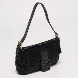 Pre Owned Fendi Baguette Black Beaded and Leather Flap Bag